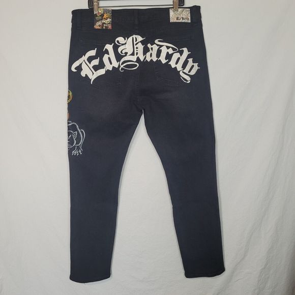 Ed Hardy Mens 38x32 Black Denim Slim Jeans Embroidered Skull Snake Panther NWT - Picture 2 of 11